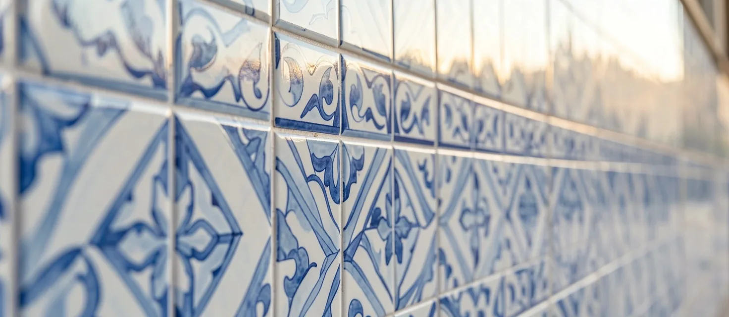 Detalle arquitectónico de azulejos de cerámica en edificio público español