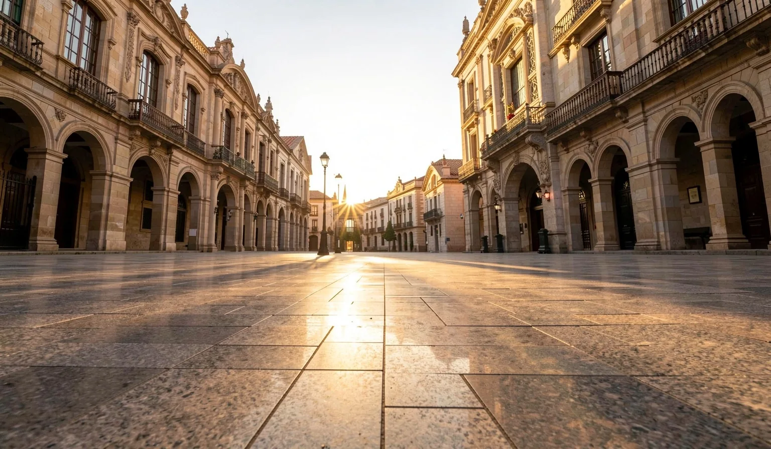 Plaza pública española al amanecer con edificios institucionales de fondo