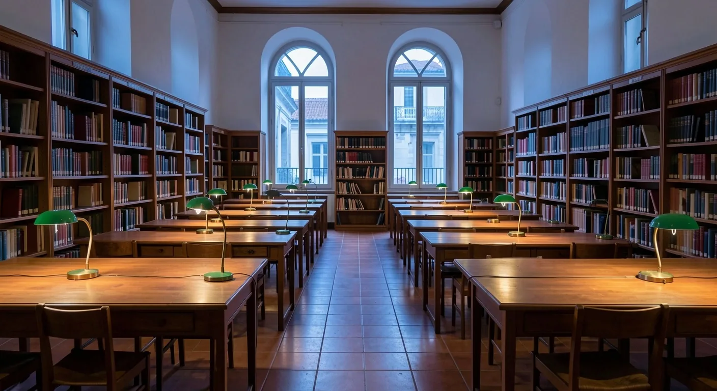 Sala de lectura pública al amanecer con luz azul suave