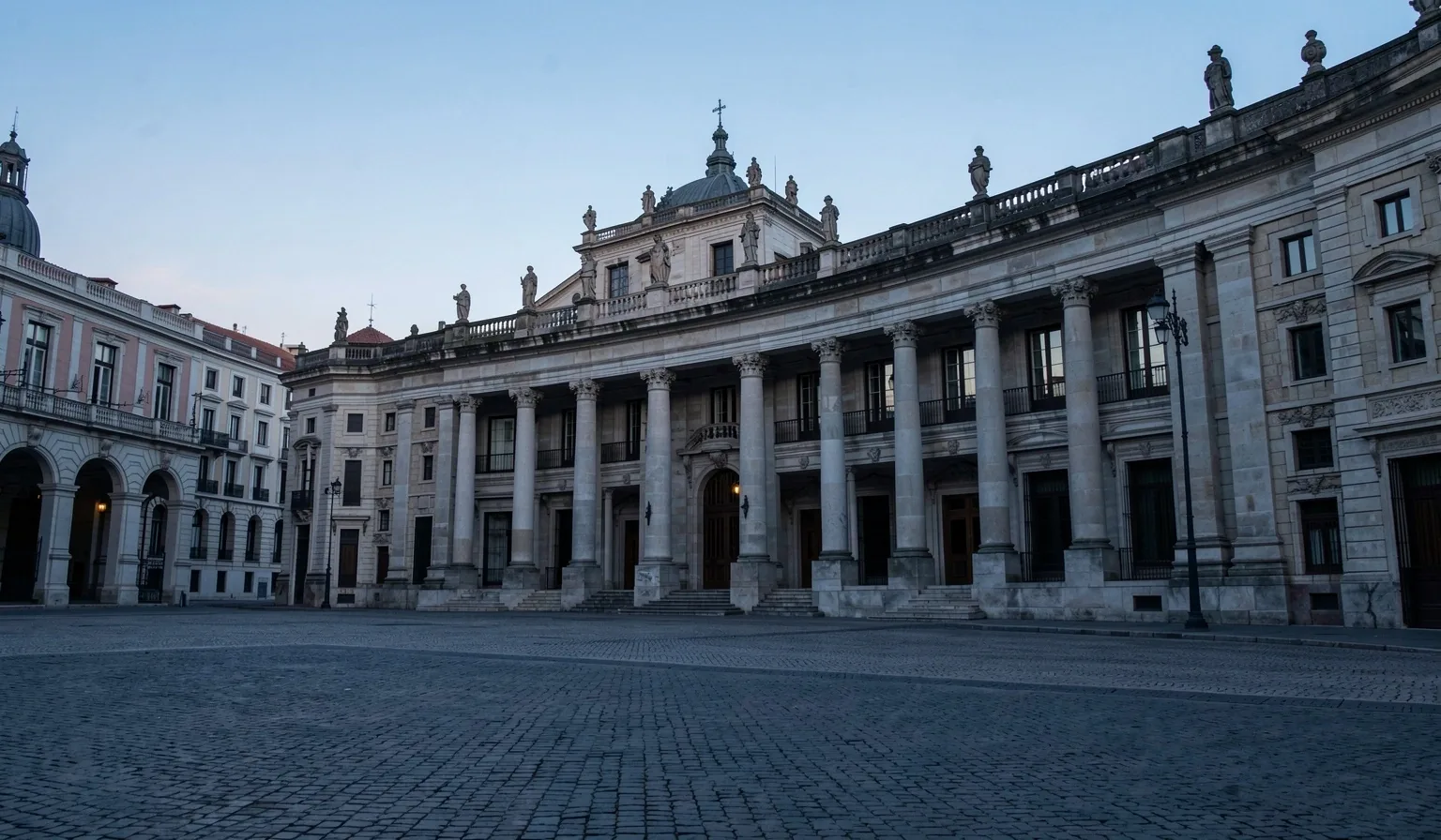 Edificio público al amanecer en Madrid