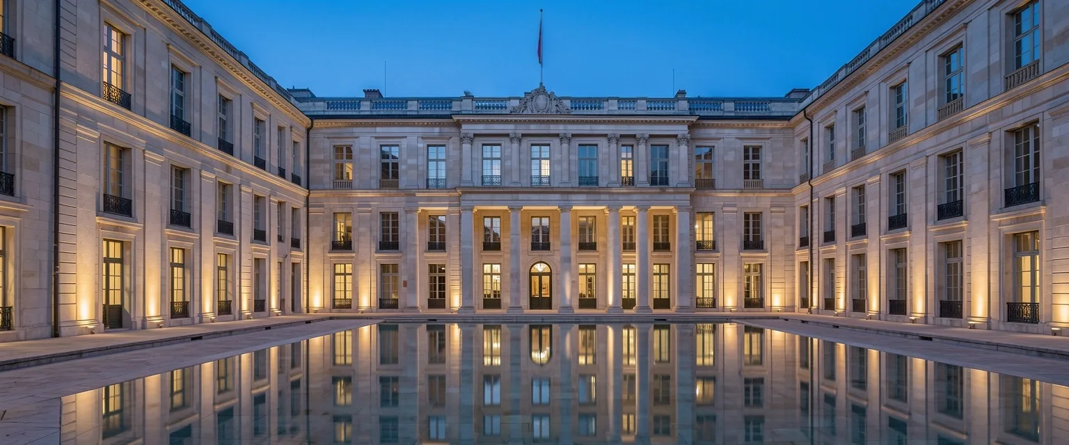 Arquitectura institucional europea al anochecer