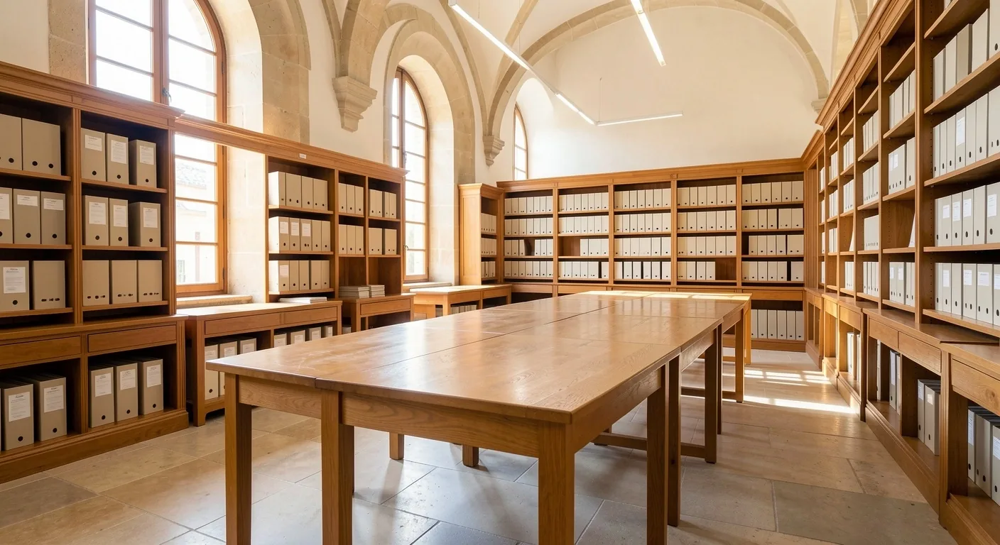Sala de lectura pública al amanecer con luz entrando por ventanales arqueados