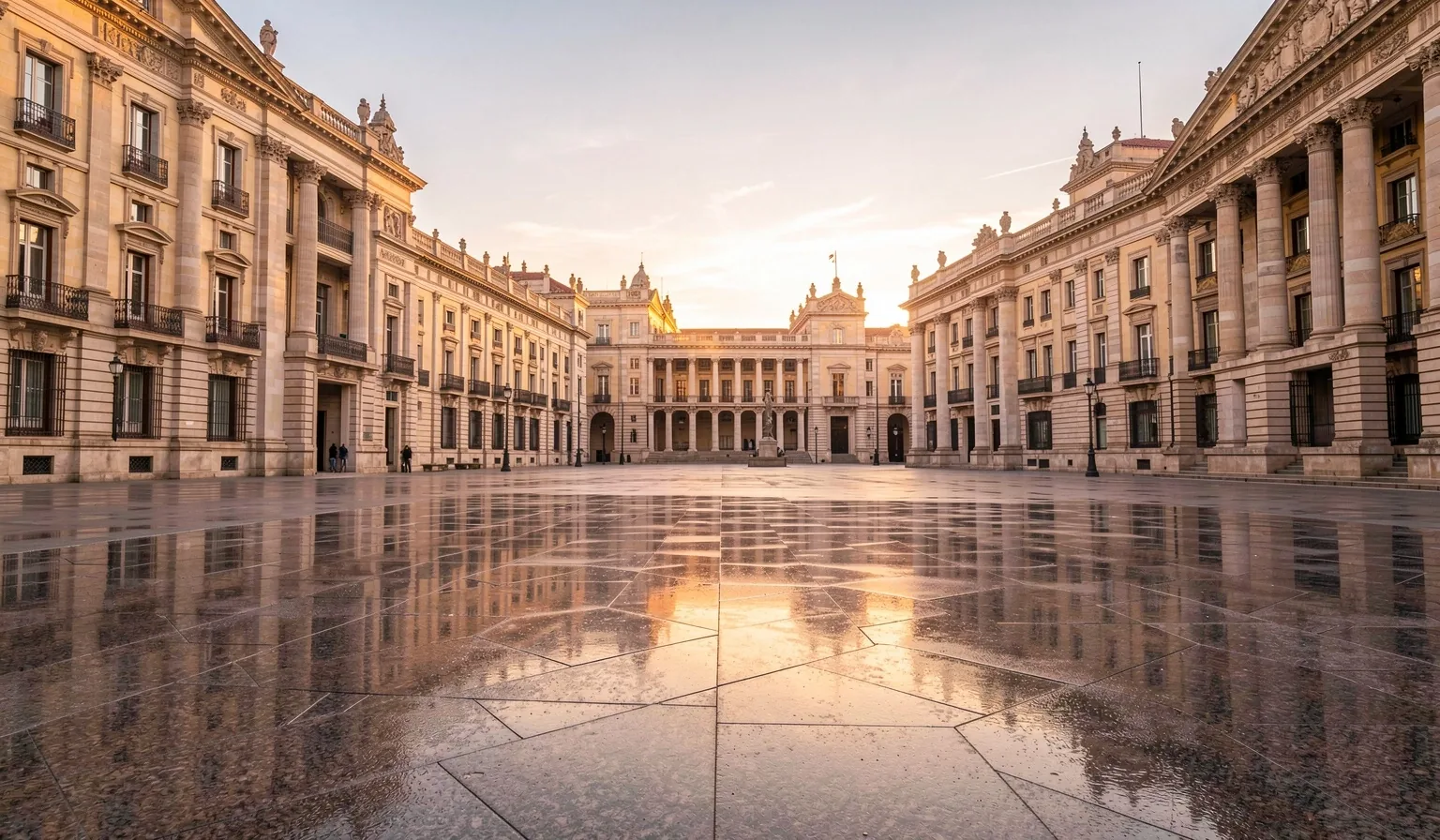 Plaza pública al amanecer con arquitectura institucional